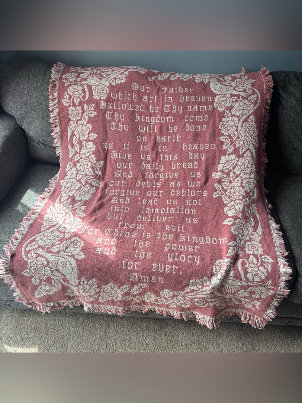 VTG Our Father Cotton Fringe Religious Tapestry Blanket Pink Grandma CottageCore